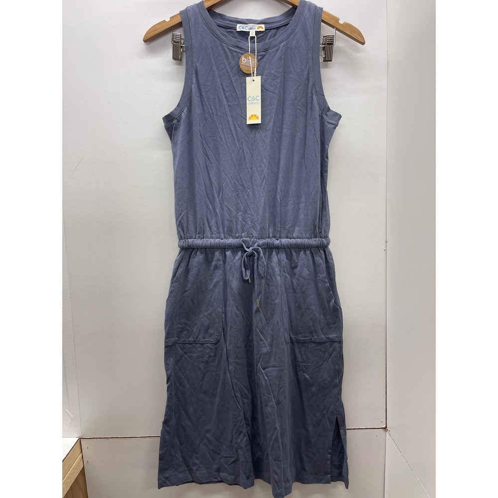 C&C California XS Blue Knit Sleeveless Drawstring Waist Pocket Midi Dress NWT